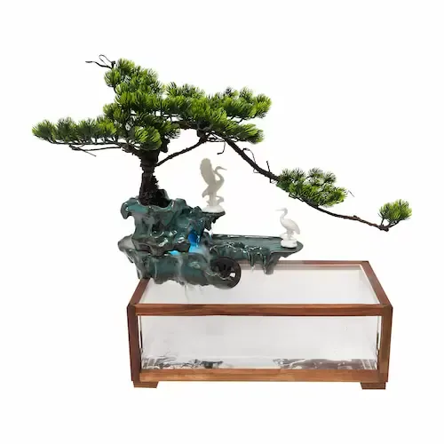 Tabletop Water Fountains Indoor Water Fall Decor for Meditation with Mist with Fake Plants